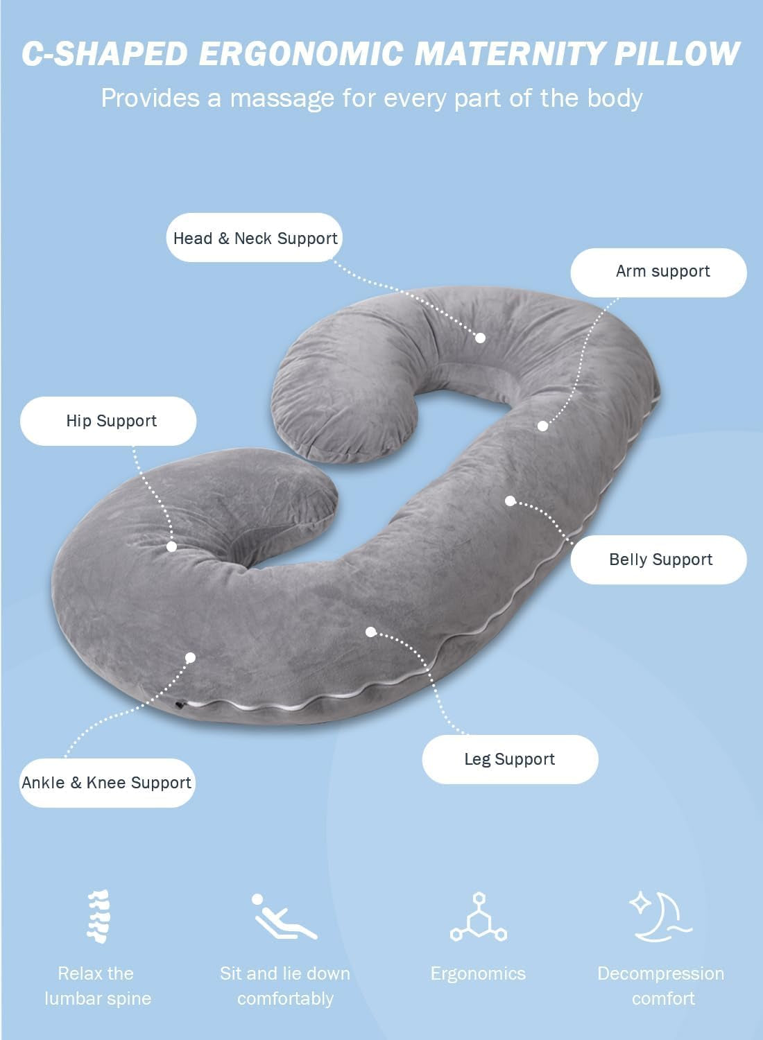C-Shaped Pregnancy Pillow – Full Body Maternity Support Pillow with Soft Jersey Cotton Cover