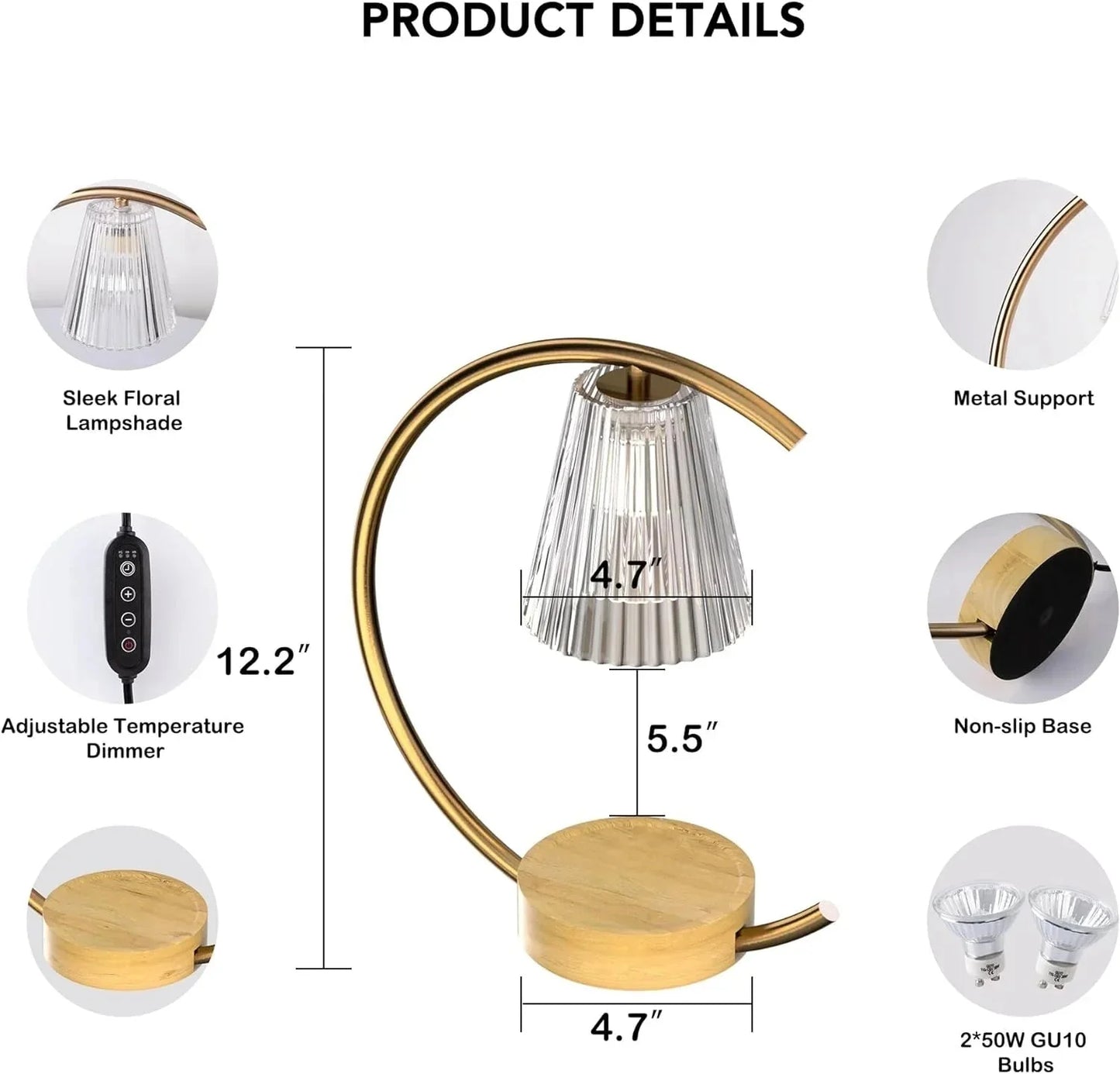 Modern table lamp with sleek floral glass shade, gold metal arc, wooden base, dimmer, and GU10 bulbs