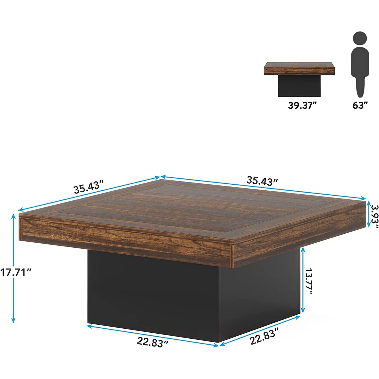 Modern Square LED Coffee Table – Rustic Brown & Black Wood Living Room Table