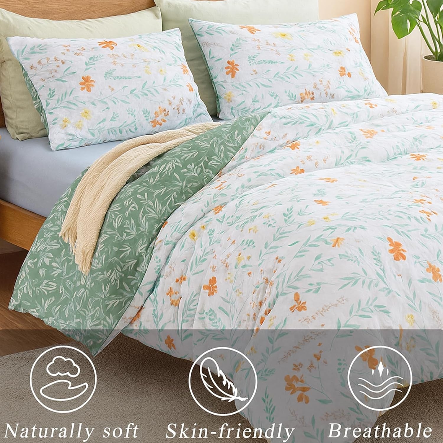 **3-Piece Queen Floral Duvet Cover Set – Reversible Green Botanical Bedding, Soft Cozy Farmhouse Style**