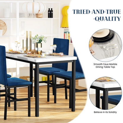 5-Piece Dining Set for 4 – Faux Marble Table with 4 Velvet Upholstered Chairs, White & Blue