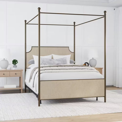 McArthur Queen Canopy Bed – Bronze Metal Frame with Upholstered Headboard