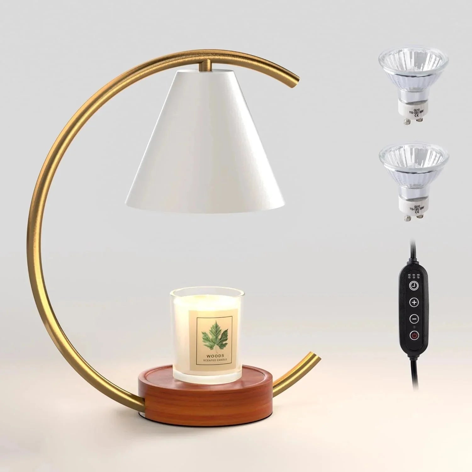 Modern gold candle warmer lamp with wood base, melts Woods scented candle, includes dimmer and bulbs