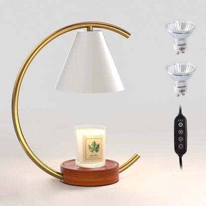 Modern gold candle warmer lamp with wood base, melts Woods scented candle, includes dimmer and bulbs