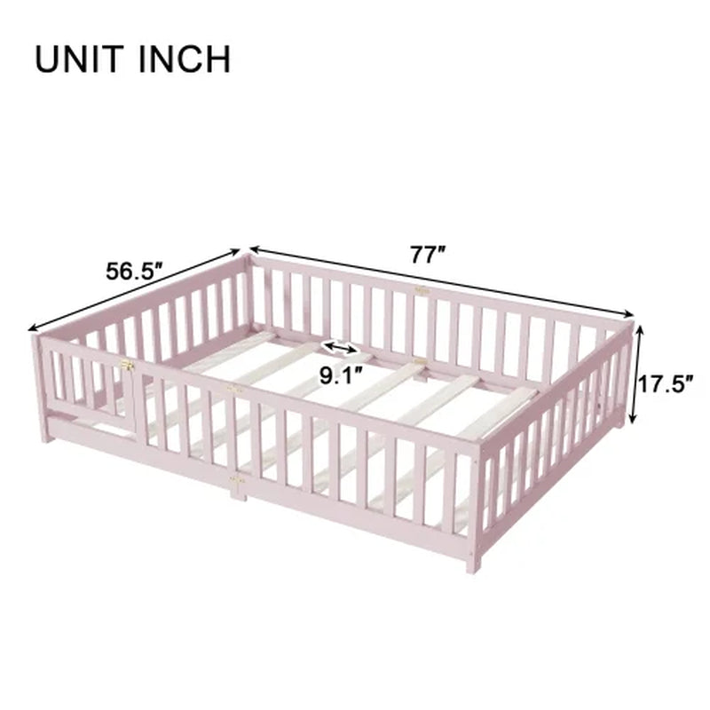 Full-Size Montessori Floor Bed – Wood Bed Frame with Door, Safety Fence & Slats, Pink
