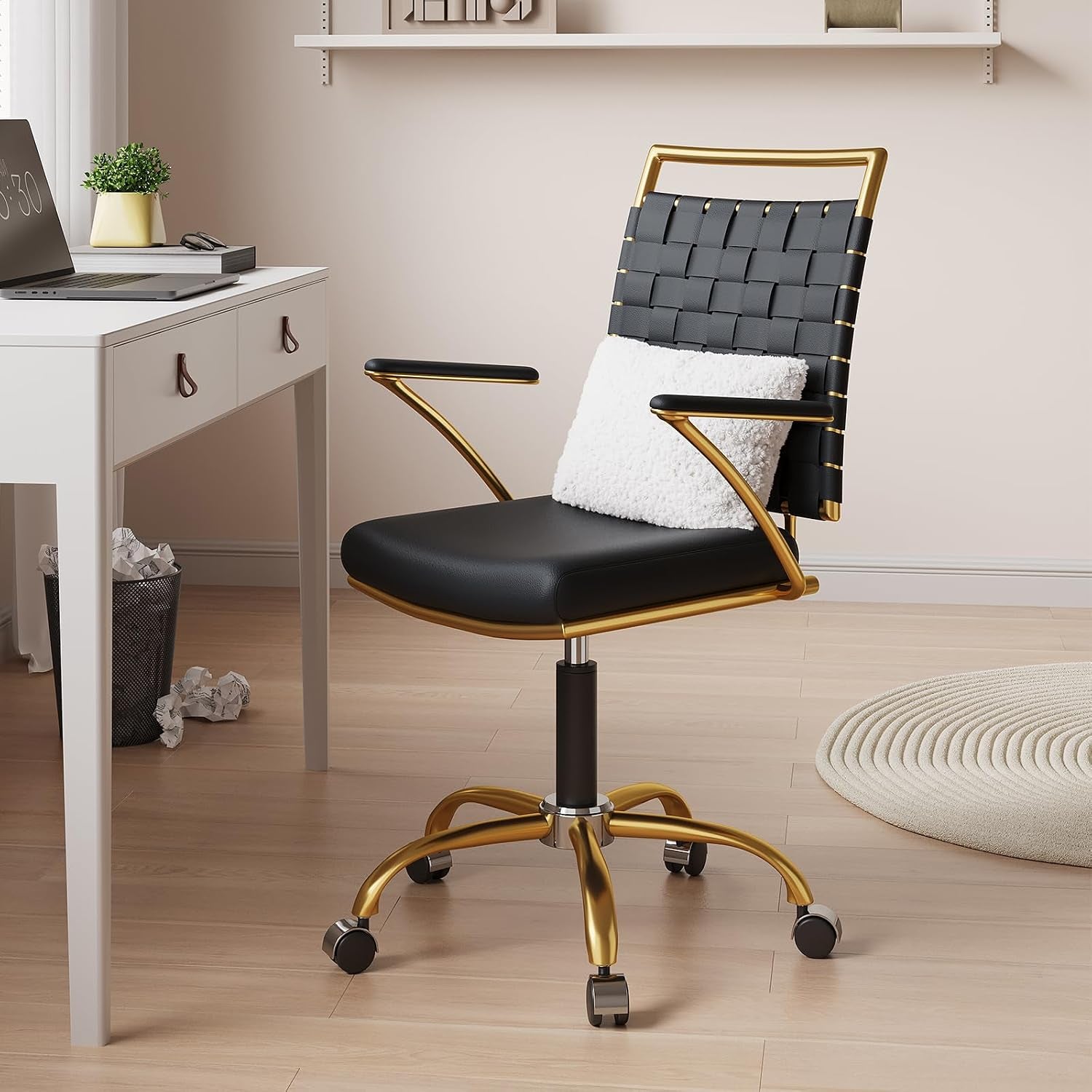 Black & Gold Office Chair – Mid-Back PU Leather Swivel Desk Chair
