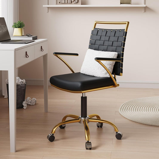 Black & Gold Office Chair – Mid-Back PU Leather Swivel Desk Chair