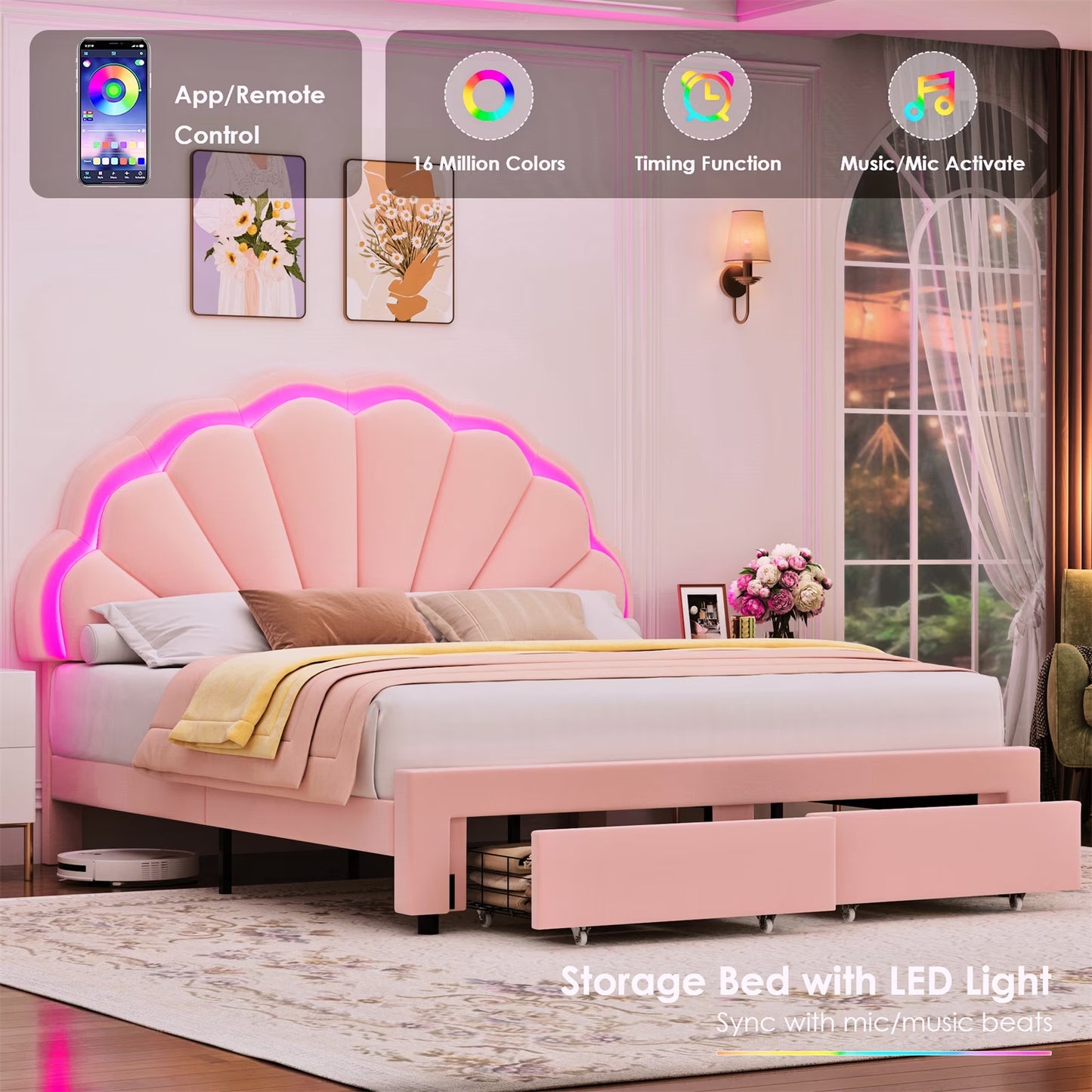 Queen Pink Velvet Bed Frame – Petal Headboard, LED Lights & Storage Drawers