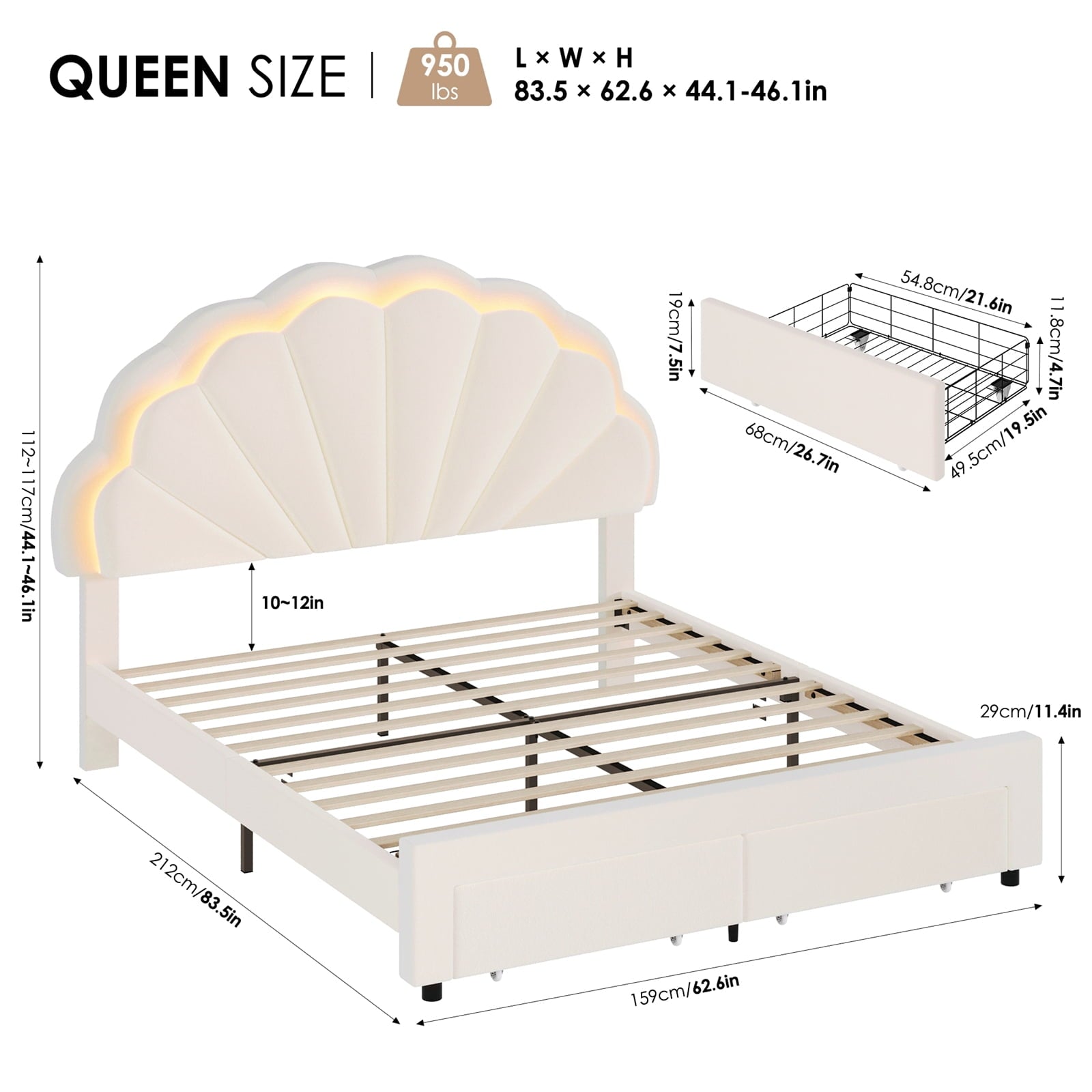 Queen Size Bed Frame with LED Lights & Storage Drawers, Upholstered Platform Bed with Adjustable Petal Headboard, off White Velvet