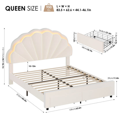 Queen Size Bed Frame with LED Lights & Storage Drawers, Upholstered Platform Bed with Adjustable Petal Headboard, off White Velvet