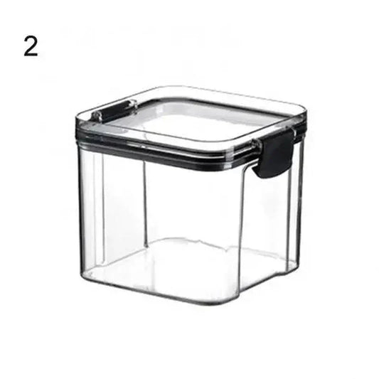 Clear plastic storage container with black lid and clip, ideal for home organization and kitchen use