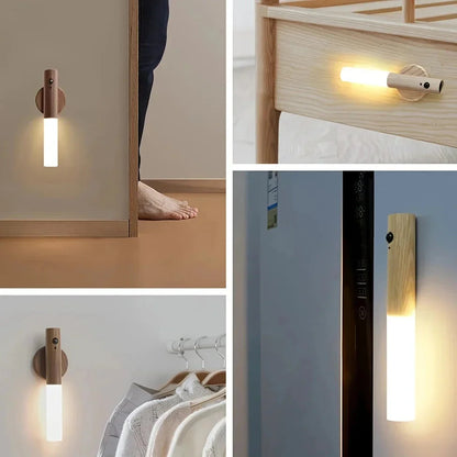Warm LED motion sensor light for home, closet, hallway, and cabinet with wooden design