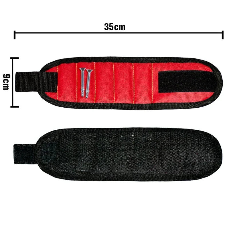 Red and black tool pouch with screw slots, 35cm x 9cm, for home DIY projects
