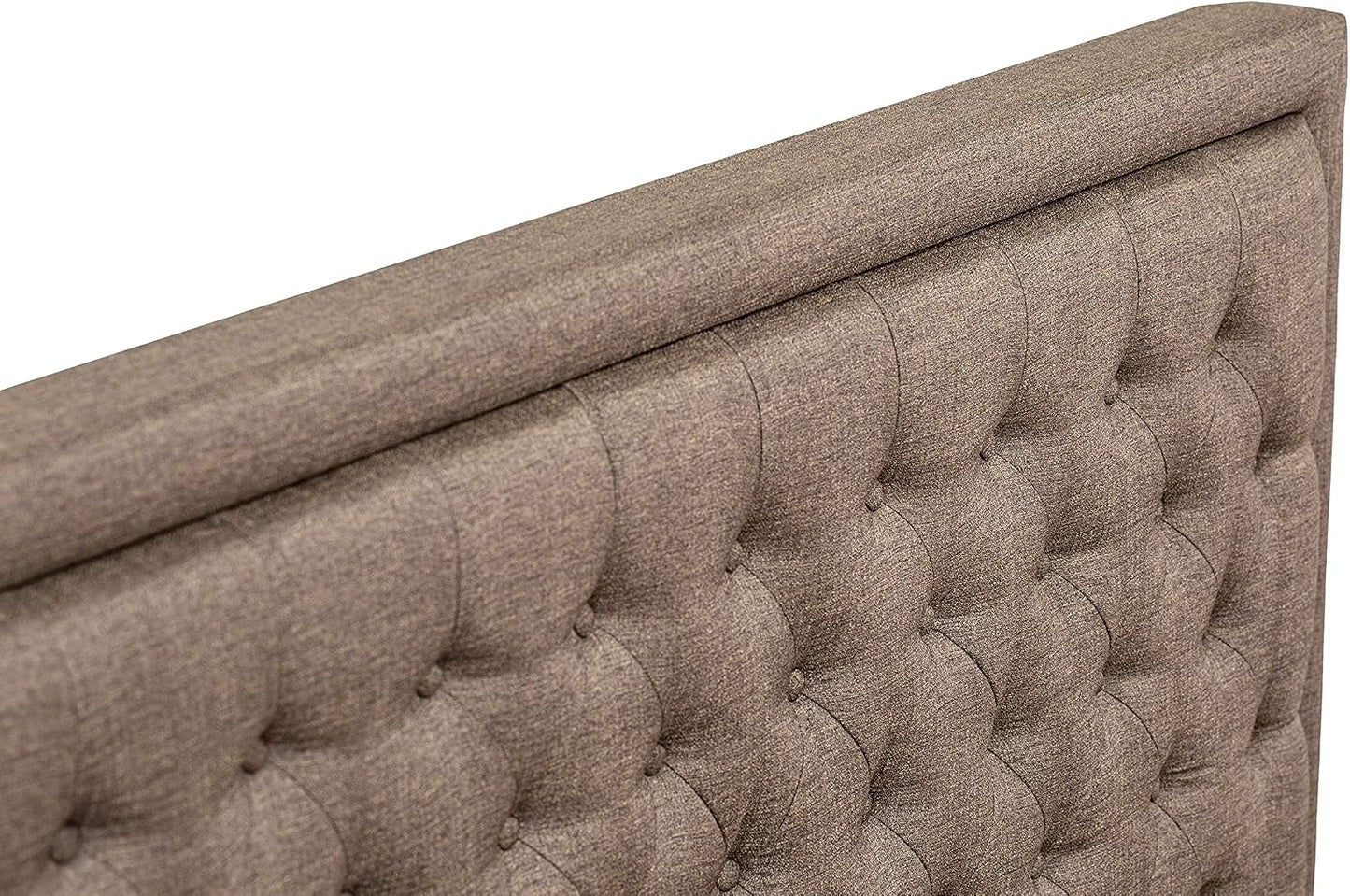 **KDF-18-Q Queen Platform Bed Frame – Brown Linen Upholstered Button-Tufted Headboard with Black Legs**