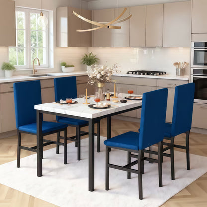 5-Piece Dining Set for 4 – Faux Marble Table with 4 Velvet Upholstered Chairs, White & Blue