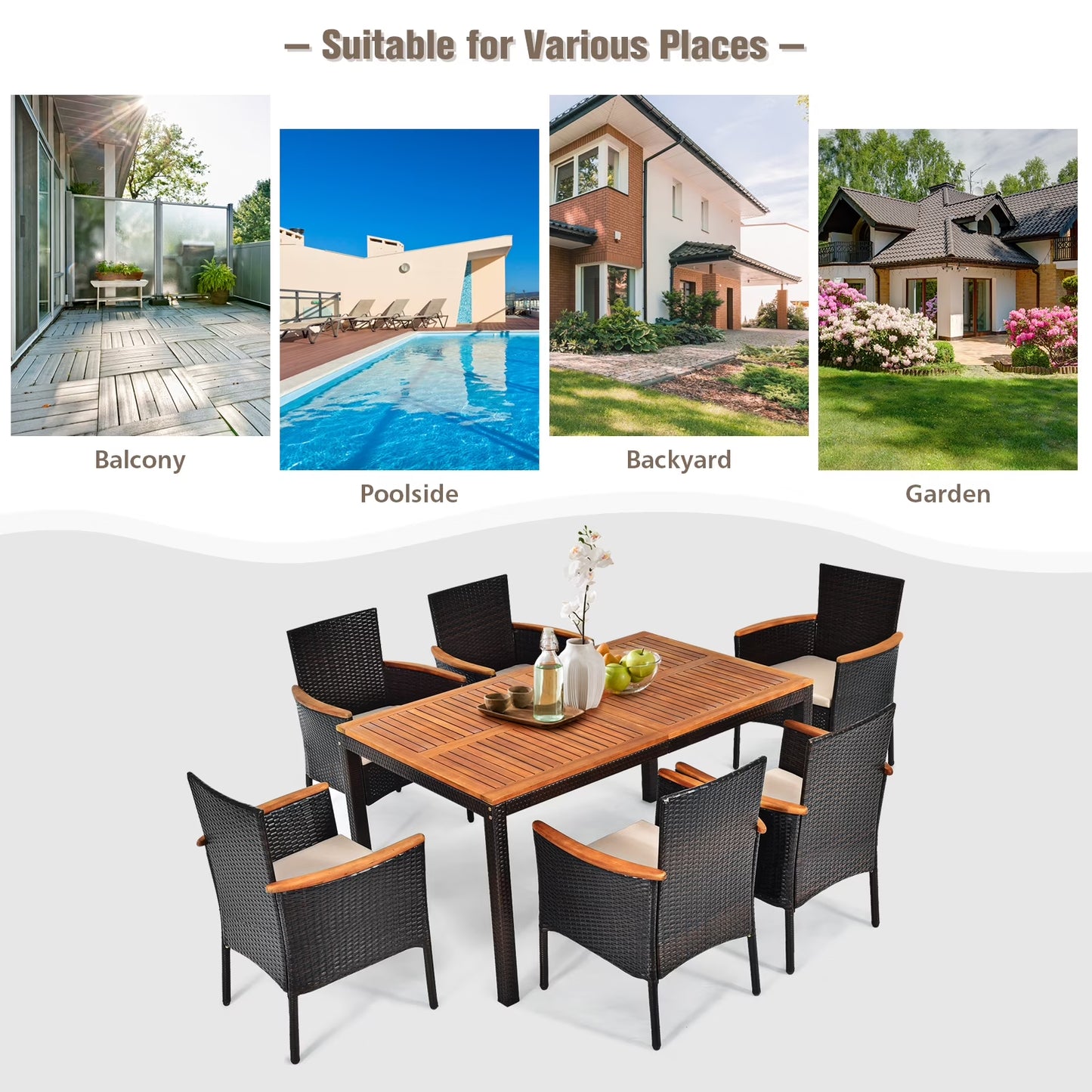 7-Piece Outdoor Patio Dining Set – Rattan Table & 6 Chairs with Umbrella Hole