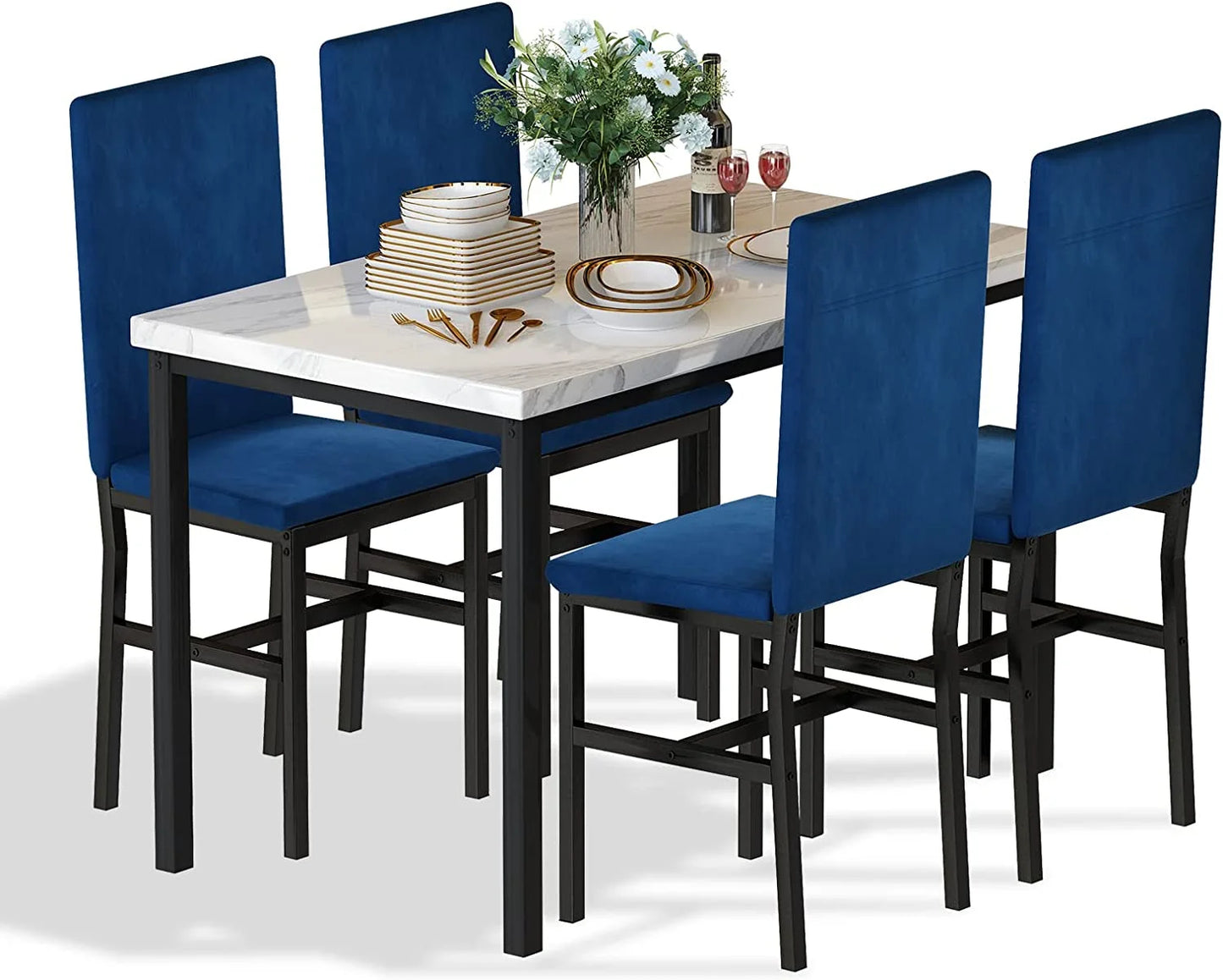 5-Piece Dining Set for 4 – Faux Marble Table with 4 Velvet Upholstered Chairs, White & Blue