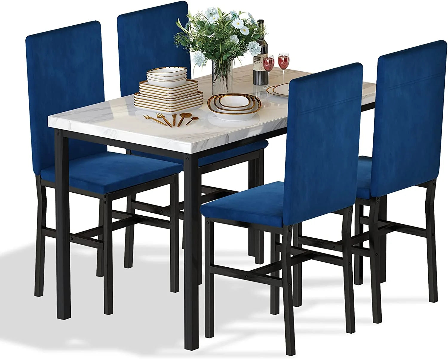 5-Piece Dining Set for 4 – Faux Marble Table with 4 Velvet Upholstered Chairs, White & Blue