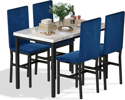 5-Piece Dining Set for 4 – Faux Marble Table with 4 Velvet Upholstered Chairs, White & Blue