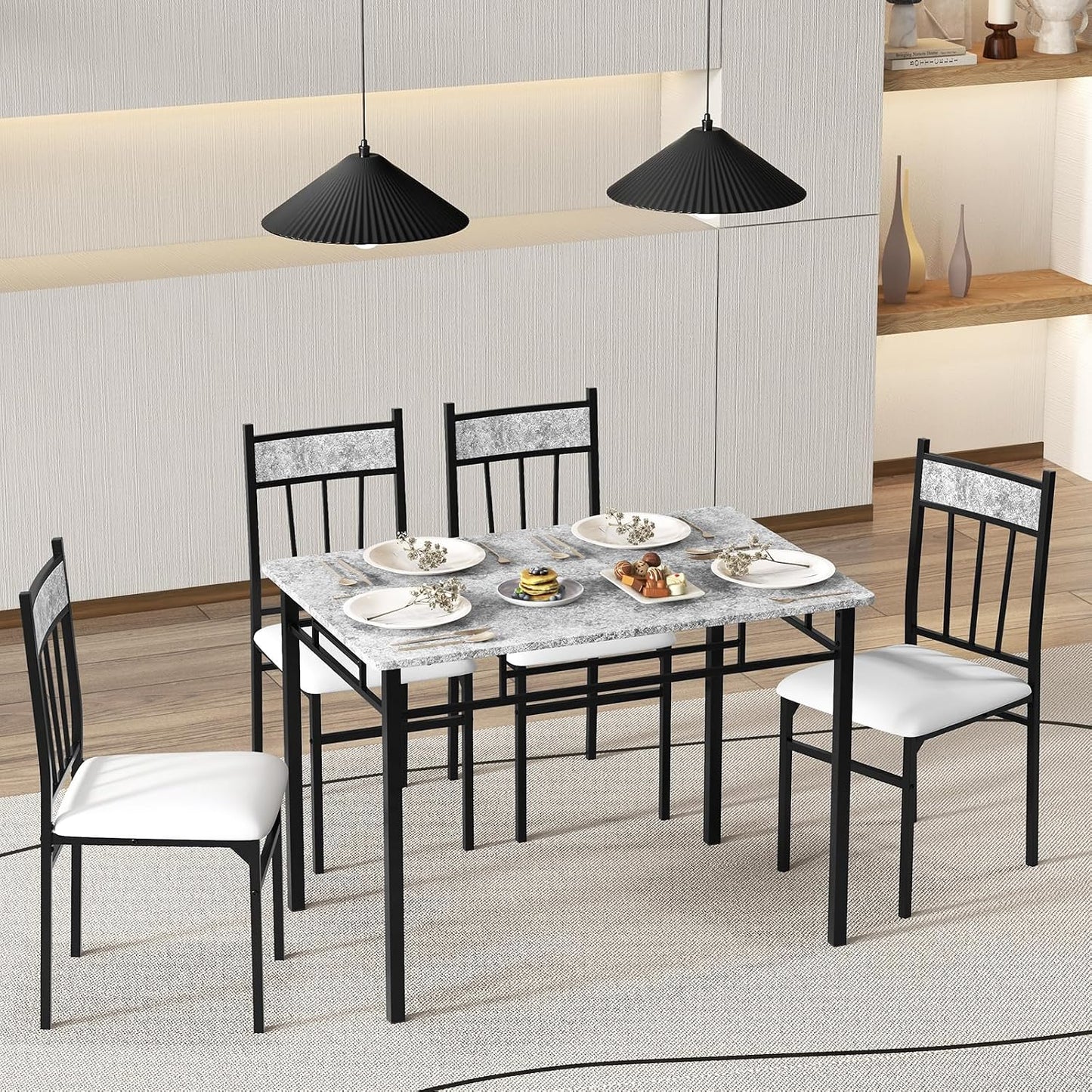 5-Piece Dining Table Set for 4 – Space-Saving Kitchen Table & 4 Padded Chairs with Metal Frame