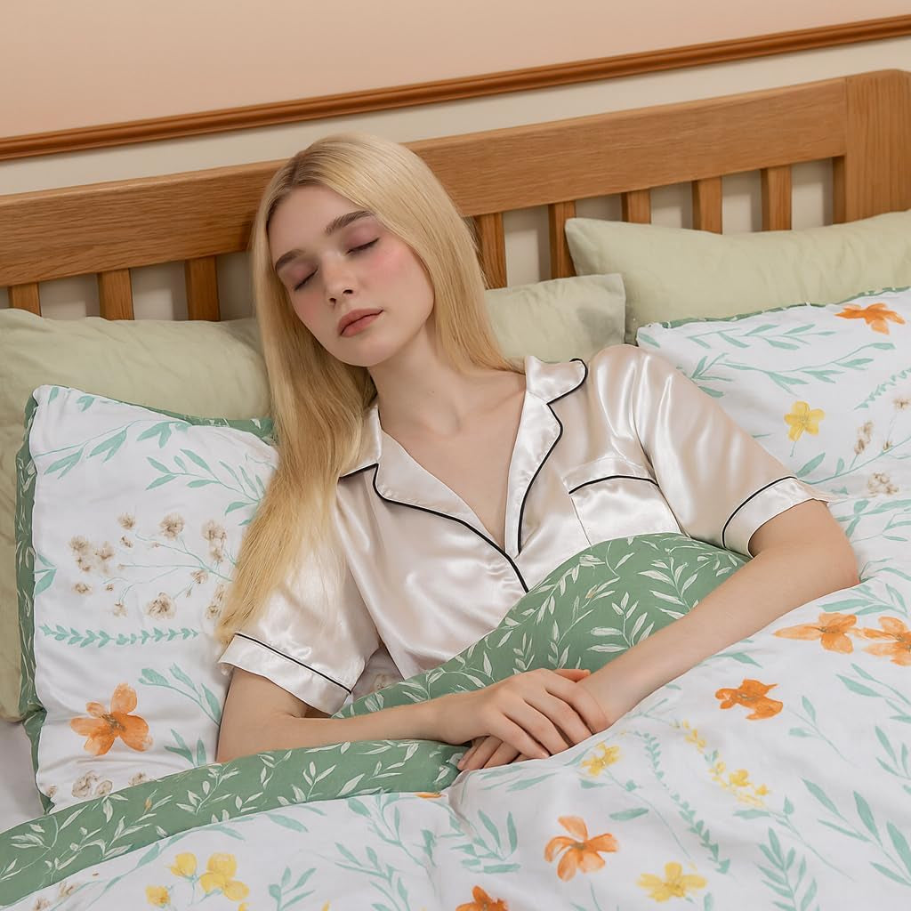 **3-Piece Queen Floral Duvet Cover Set – Reversible Green Botanical Bedding, Soft Cozy Farmhouse Style**