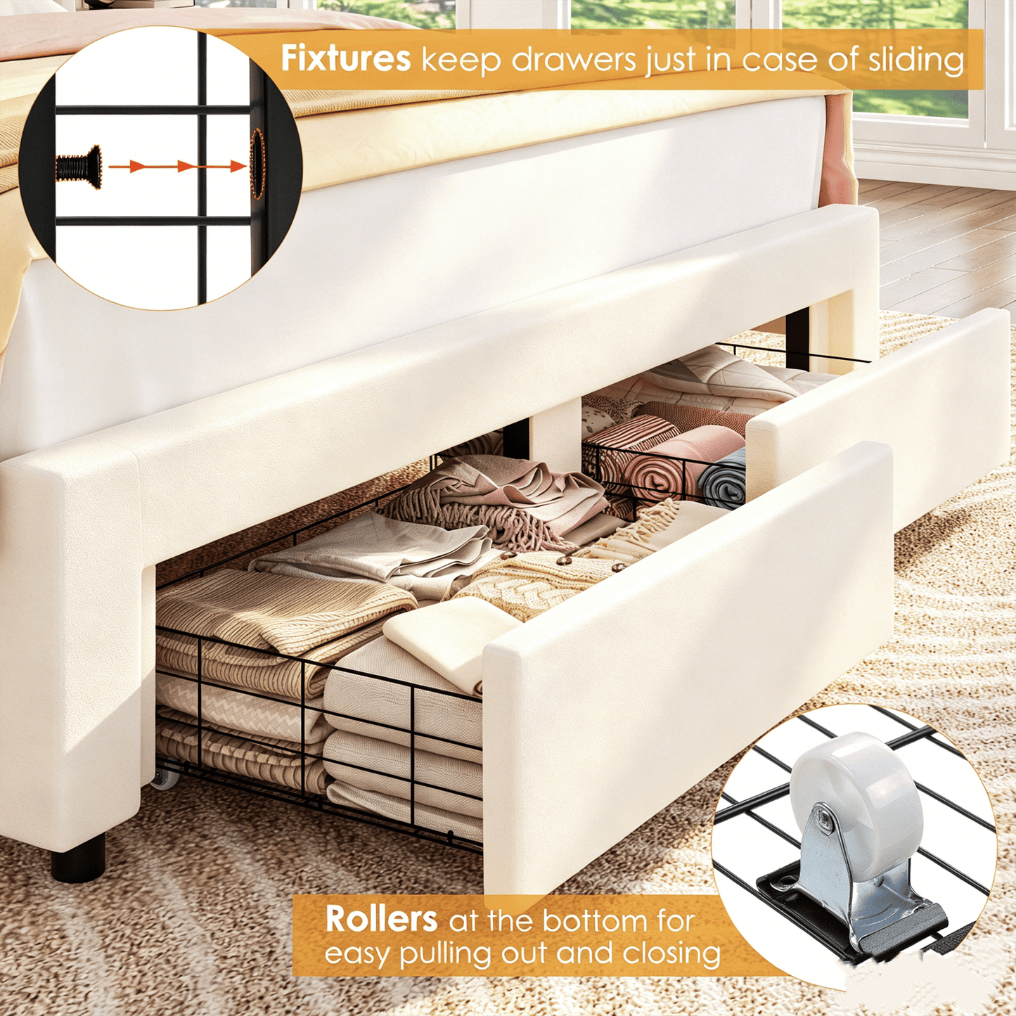 Queen Size Bed Frame with LED Lights & Storage Drawers, Upholstered Platform Bed with Adjustable Petal Headboard, off White Velvet