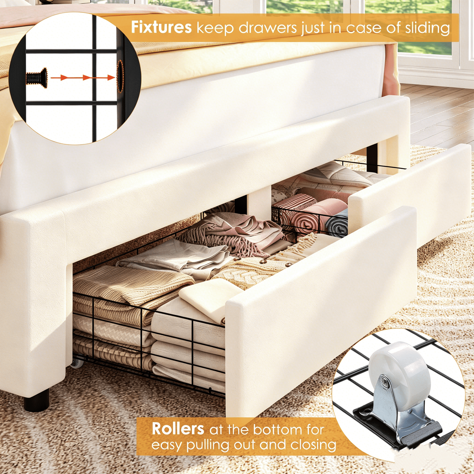 Queen Size Bed Frame with LED Lights & Storage Drawers, Upholstered Platform Bed with Adjustable Petal Headboard, off White Velvet