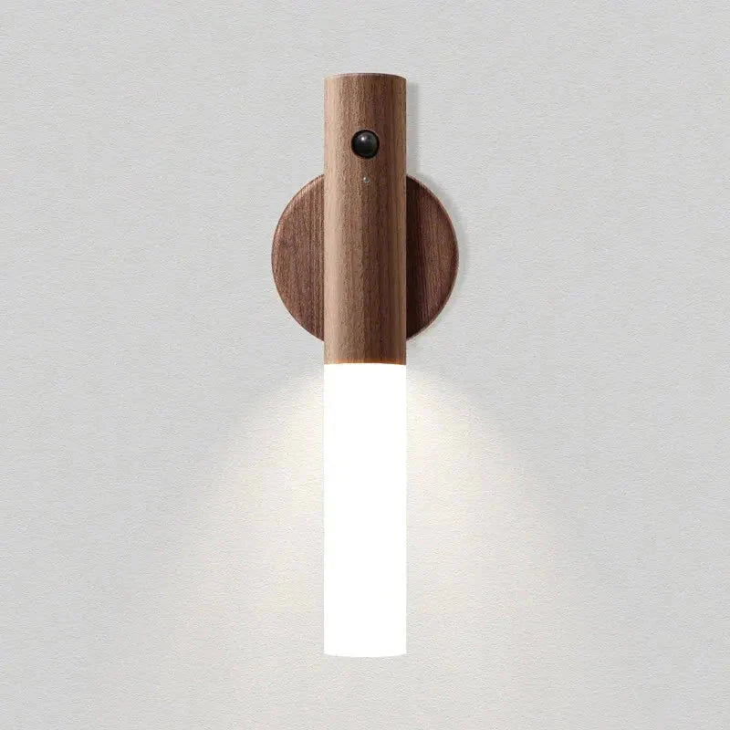 Modern wooden wall sconce with frosted glass shade, warm ambient lighting for cozy home decor