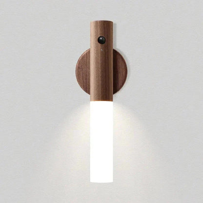 Modern wooden wall sconce with frosted glass shade, warm ambient lighting for cozy home decor