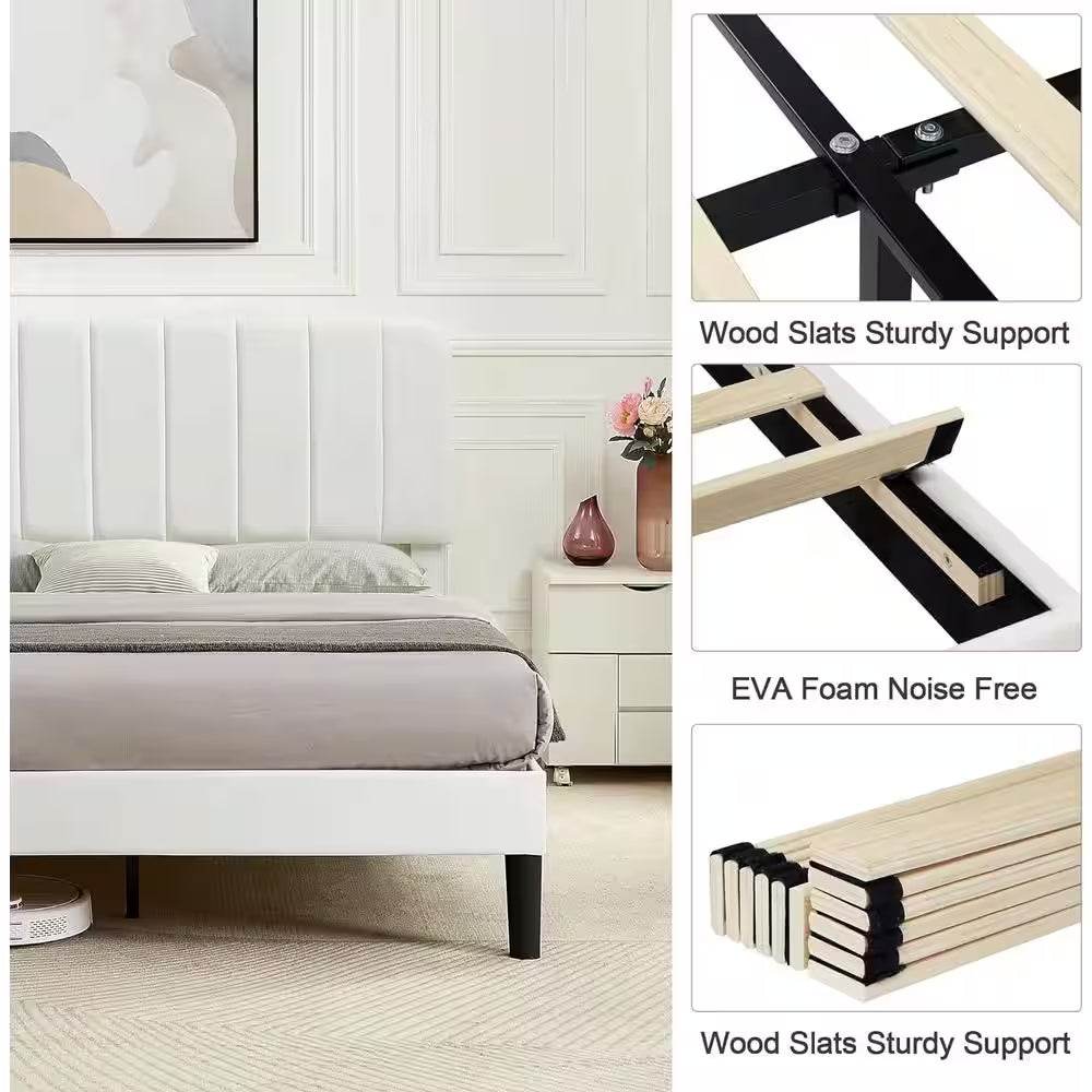 Queen Upholstered Platform Bed Frame – Adjustable Headboard & Strong Wooden Slat Support, White