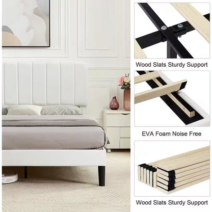 Queen Upholstered Platform Bed Frame – Adjustable Headboard & Strong Wooden Slat Support, White
