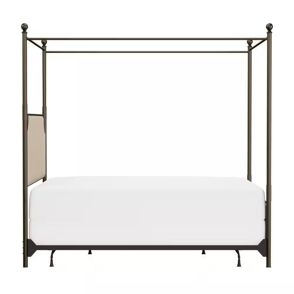 McArthur Queen Canopy Bed – Bronze Metal Frame with Upholstered Headboard