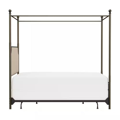 McArthur Queen Canopy Bed – Bronze Metal Frame with Upholstered Headboard