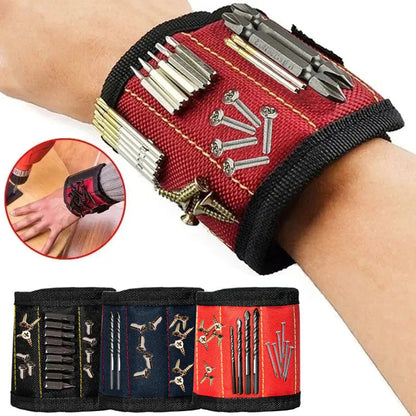 Red magnetic wristband holding screws and drill bits for DIY home projects