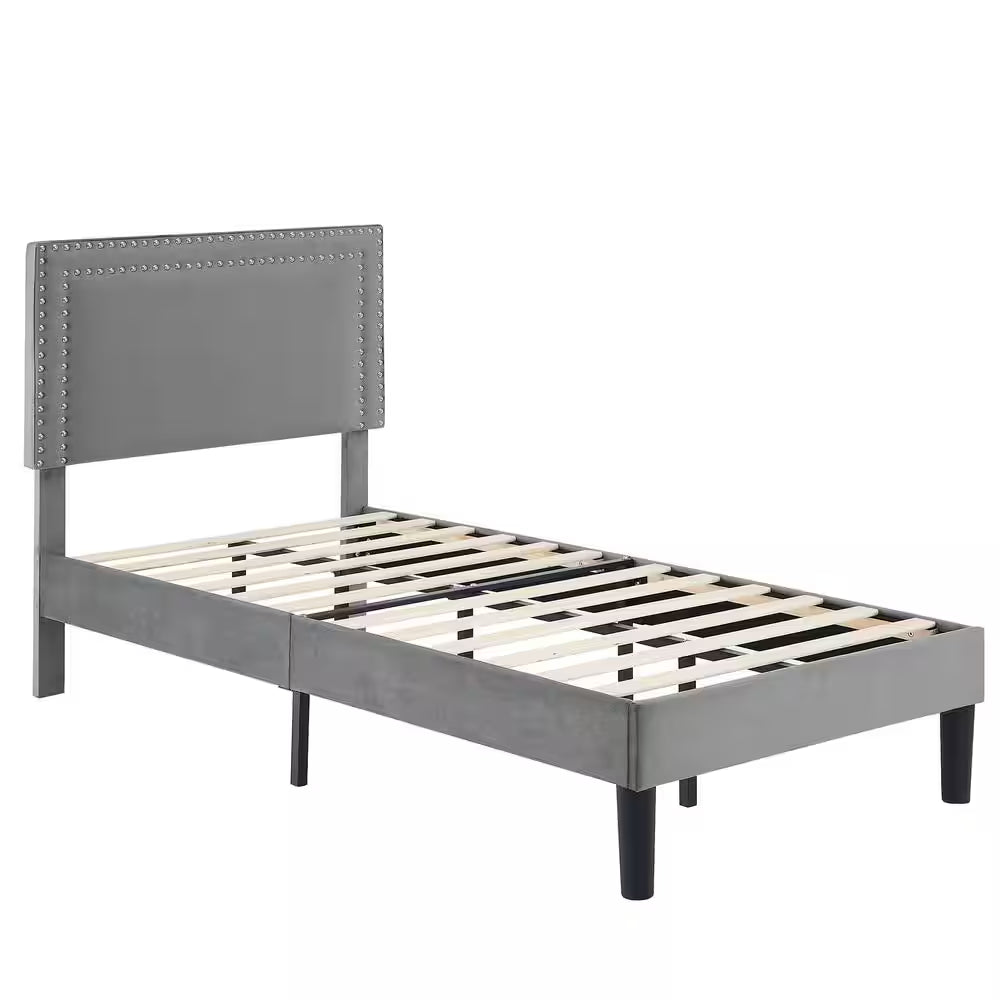 Twin Upholstered Platform Bed Frame – Adjustable Headboard, No Box Spring Needed, Gray