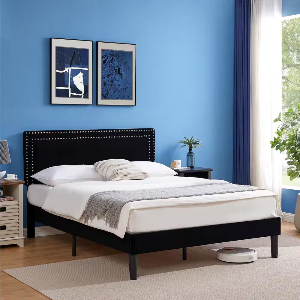 Full Upholstered Platform Bed Frame – Adjustable Headboard, No Box Spring Needed, Black