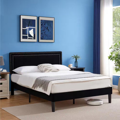 Full Upholstered Platform Bed Frame – Adjustable Headboard, No Box Spring Needed, Black