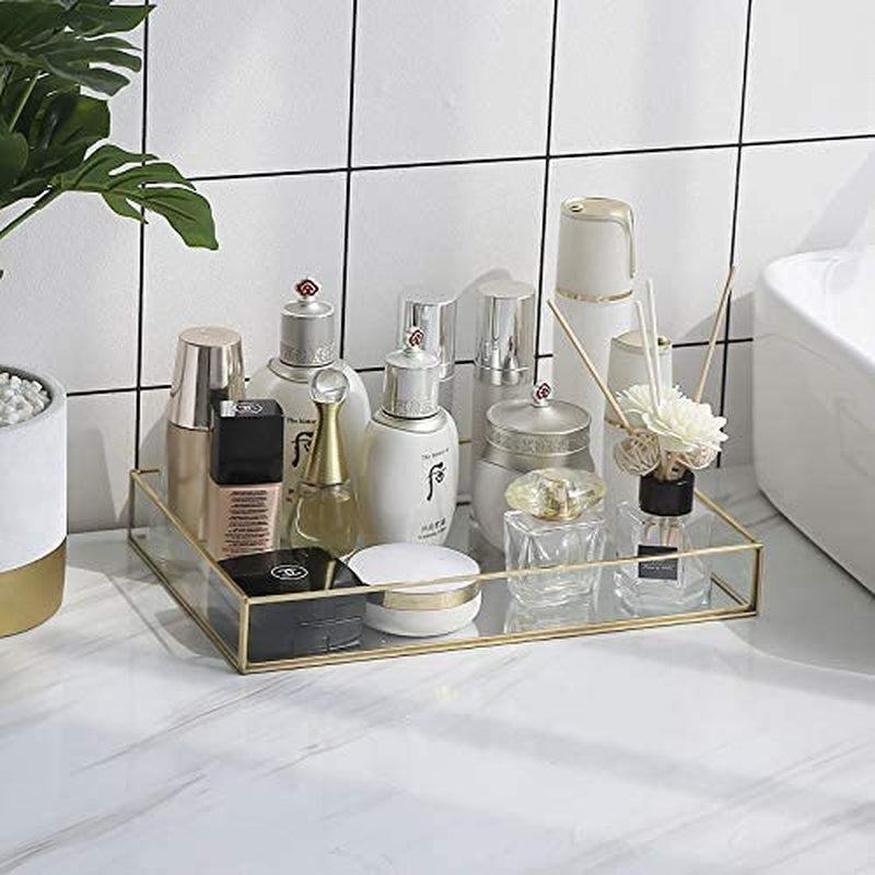 Clear Gold Mirror Vanity Tray – Perfume, Makeup & Jewelry Organizer for Dresser or Bathroom