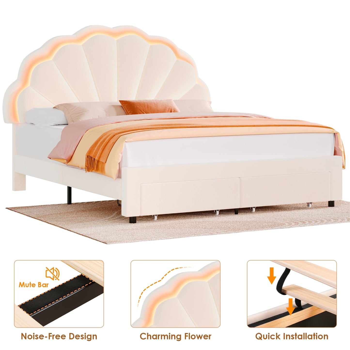 Queen Size Bed Frame with LED Lights & Storage Drawers, Upholstered Platform Bed with Adjustable Petal Headboard, off White Velvet
