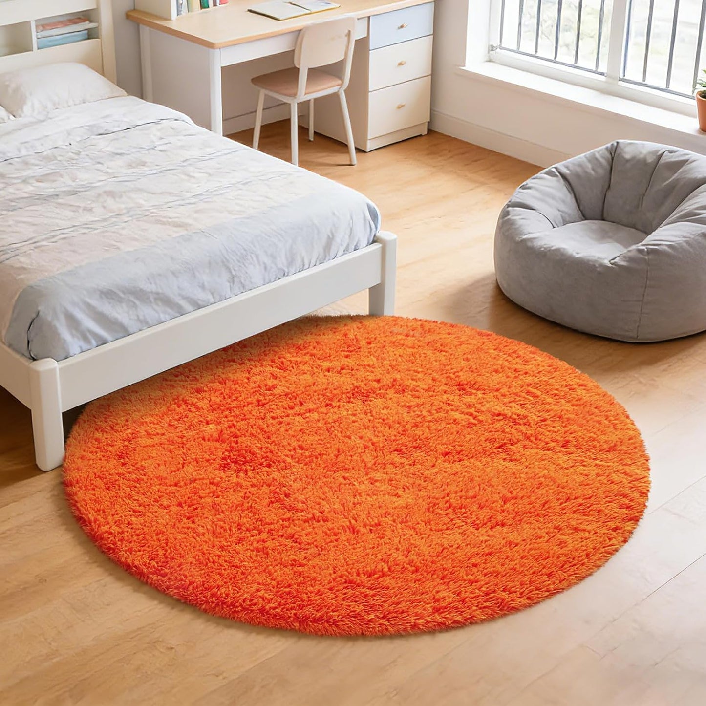 6' Round Orange Fluffy Shag Rug – Soft Cozy Area Rug for Bedroom & Home Décor