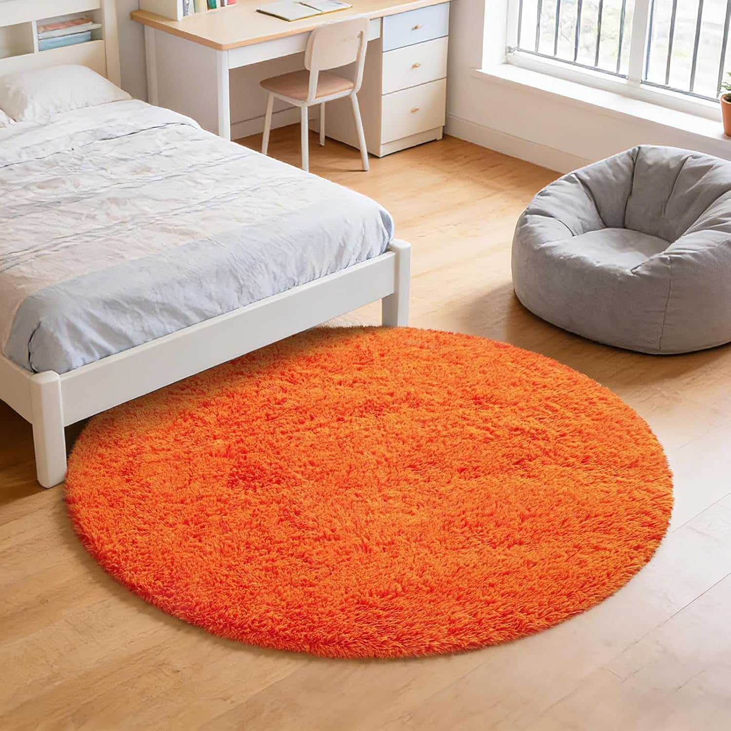 6' Round Orange Fluffy Shag Rug – Soft Cozy Area Rug for Bedroom & Home Décor