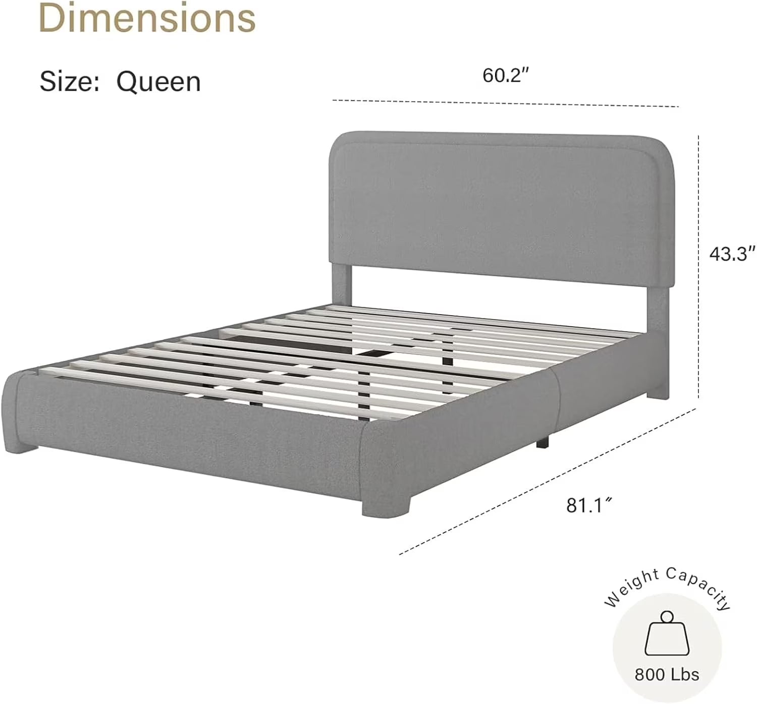 **Queen Bouclé Upholstered Bed Frame – Modern Curved Headboard, Gray**