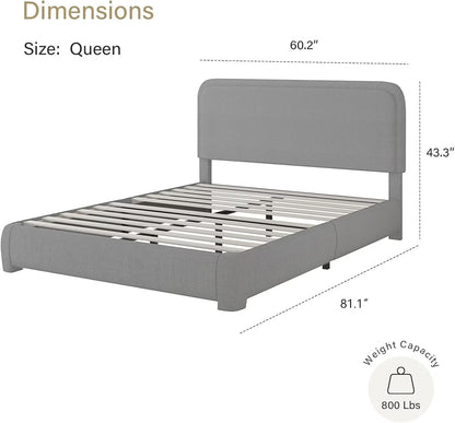 **Queen Bouclé Upholstered Bed Frame – Modern Curved Headboard, Gray**