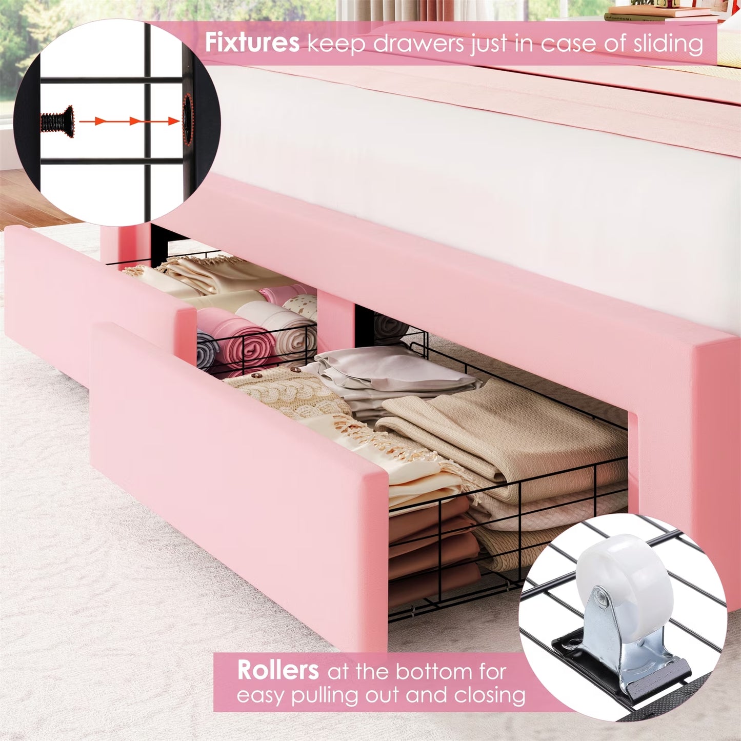 Queen Pink Velvet Bed Frame – Petal Headboard, LED Lights & Storage Drawers