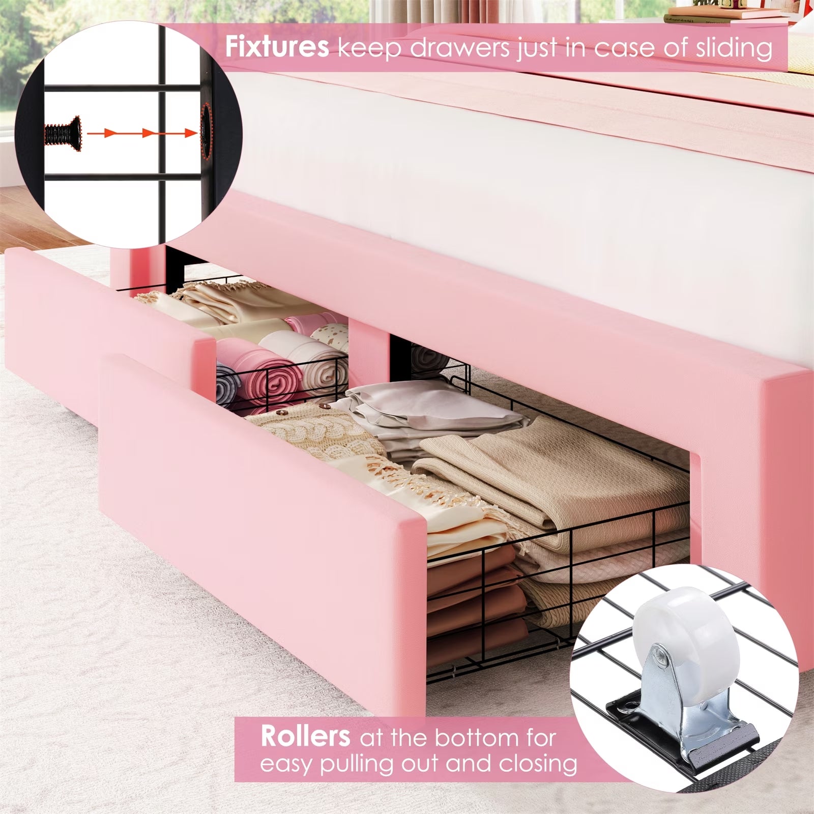 Queen Pink Velvet Bed Frame – Petal Headboard, LED Lights & Storage Drawers