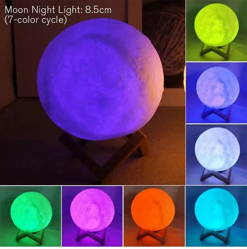 Moon night light with 7-color cycle, 8.5cm glowing orb on wooden stand for cozy home ambiance