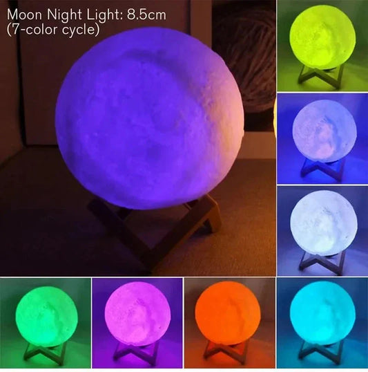 Moon night light with 7-color cycle, 8.5cm glowing orb on wooden stand for cozy home ambiance