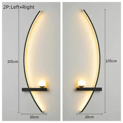 Modern 105cm curved wall sconce with shelf, warm LED lighting for cozy home decor