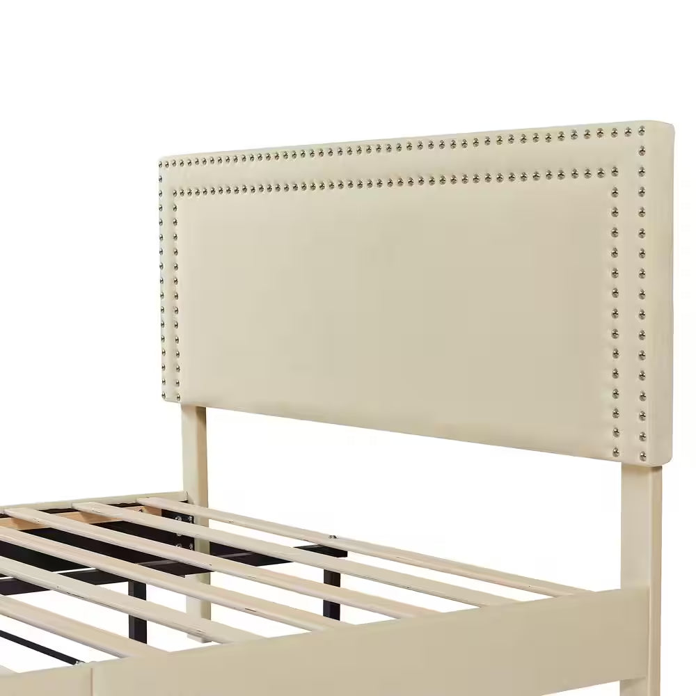 Queen Upholstered Platform Bed Frame – Adjustable Headboard, No Box Spring Needed, Beige