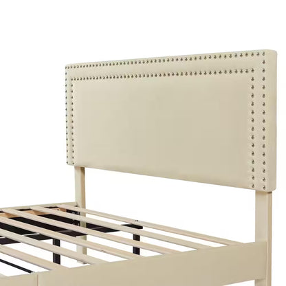 Queen Upholstered Platform Bed Frame – Adjustable Headboard, No Box Spring Needed, Beige